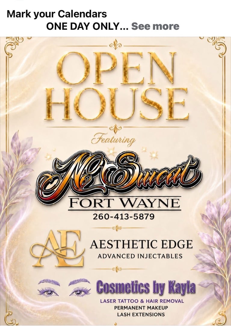 Open house promotional poster featuring beauty services including Med Spa Fort Wayne, Aesthetic Edge Advanced Injectables, and Cosmetics by Kayla