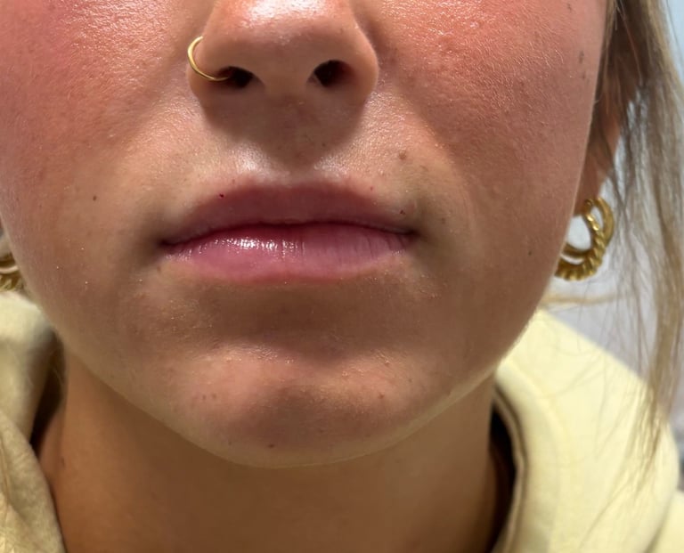 Close-up of a persons lower face showing nose, lips, and chin with gold hoop earrings and yellow collar visible