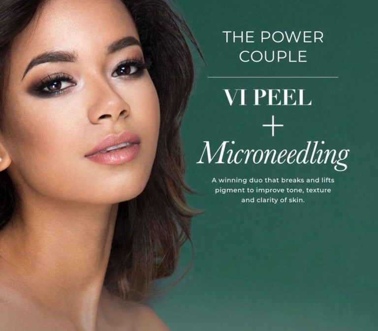 Woman with glowing skin next to text reading The Power Couple: VI Peel + Microneedling on green background