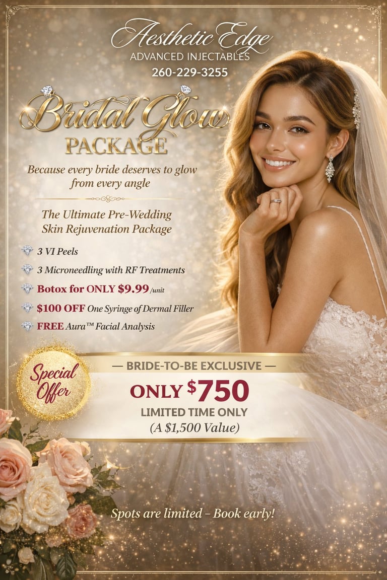 Bridal Glow Package promotional poster for Aesthetic Edge Advanced Injectables featuring bride in wedding veil with special offer of $750