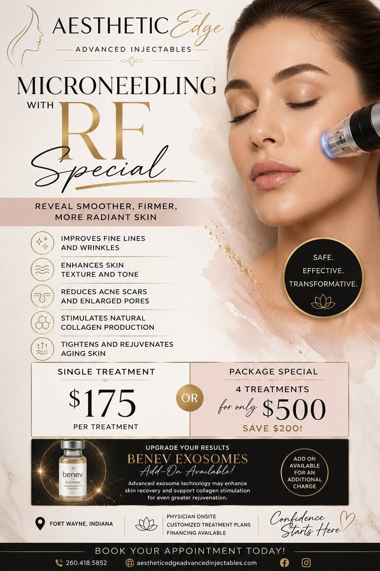 Aesthetic Edge microneedling RF treatment promotional poster showing woman receiving facial treatment