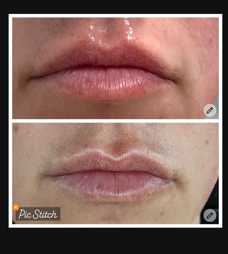 Before and after comparison of lip filler results showing fuller, more defined lips