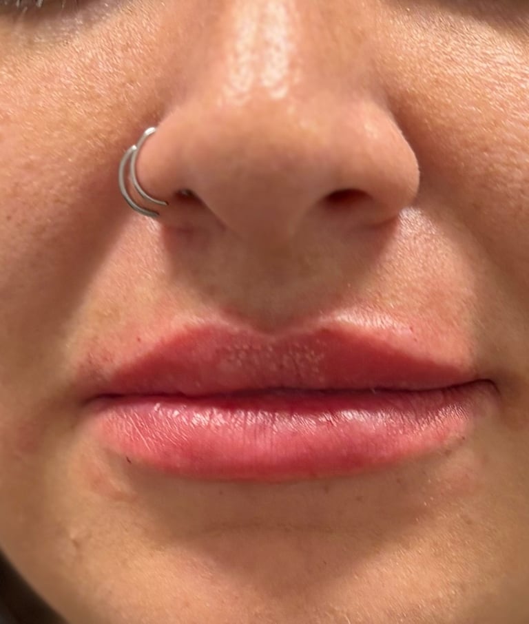 Close-up of a persons nose and lips with a silver septum piercing, natural makeup, and clear skin